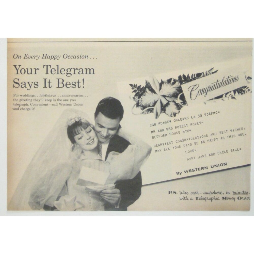 Western Union Vintage Telegram Wedding Congratulations Print MOD Couple Fashion